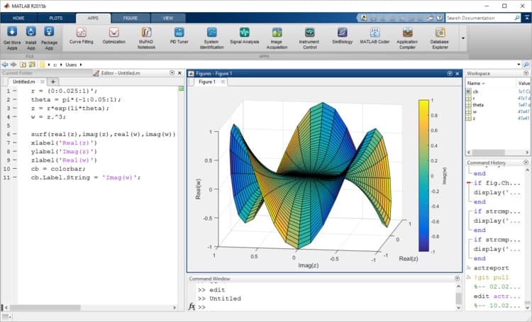 3D surface plot displayed in MATLAB, showing a multicolored graph of a mathematical function with axes labeled "Real" and "Imag" and MATLAB code visible on the left side.