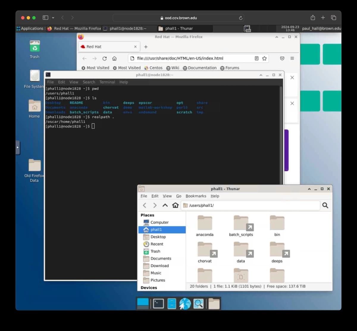 Desktop view displaying multiple windows: a terminal showing command outputs, a web browser with a Red Hat page, and a file manager window listing various folders in a directory.